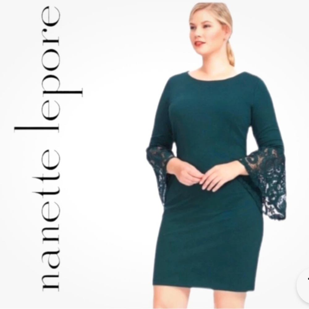Nanette Lepore  Emerald Green Dress with Lace sleeves and zipper back 12